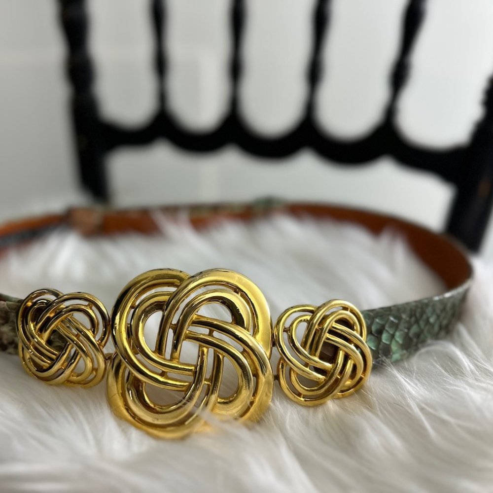 Vintage ALEXIS KIRK Snakeskin Reptile Adjustable Leather Belt Green Beige